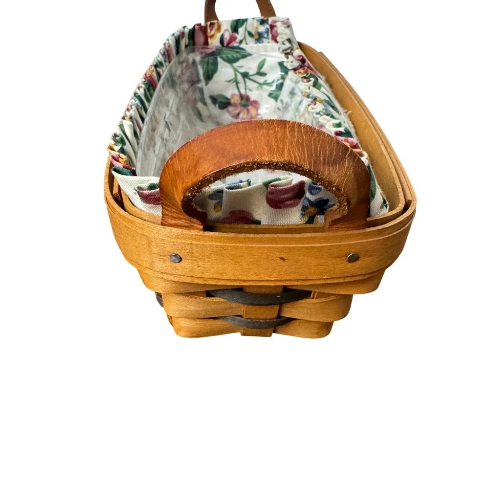 Longaberger 1994 Cracker Basket Floral Liner Plastic Protector Leather Handle